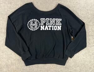 Victoria's Secret PINK NATION Sweatshirt Med Black Logo Slouchy Boat Neck Crew